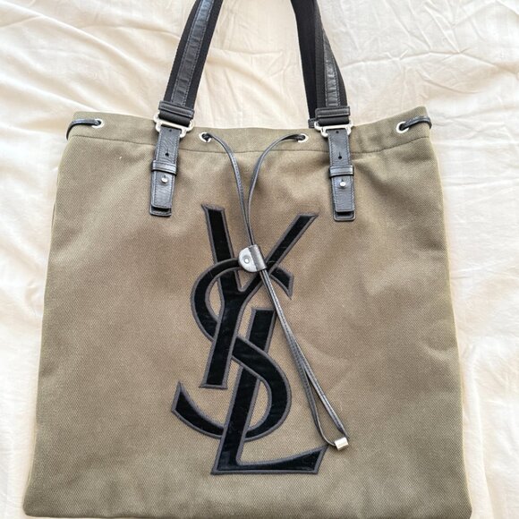$1295 Authentic YSL Yves Saint Laurent Kahala Made in ITALY Green Canvas Totes - Picture 12 of 13